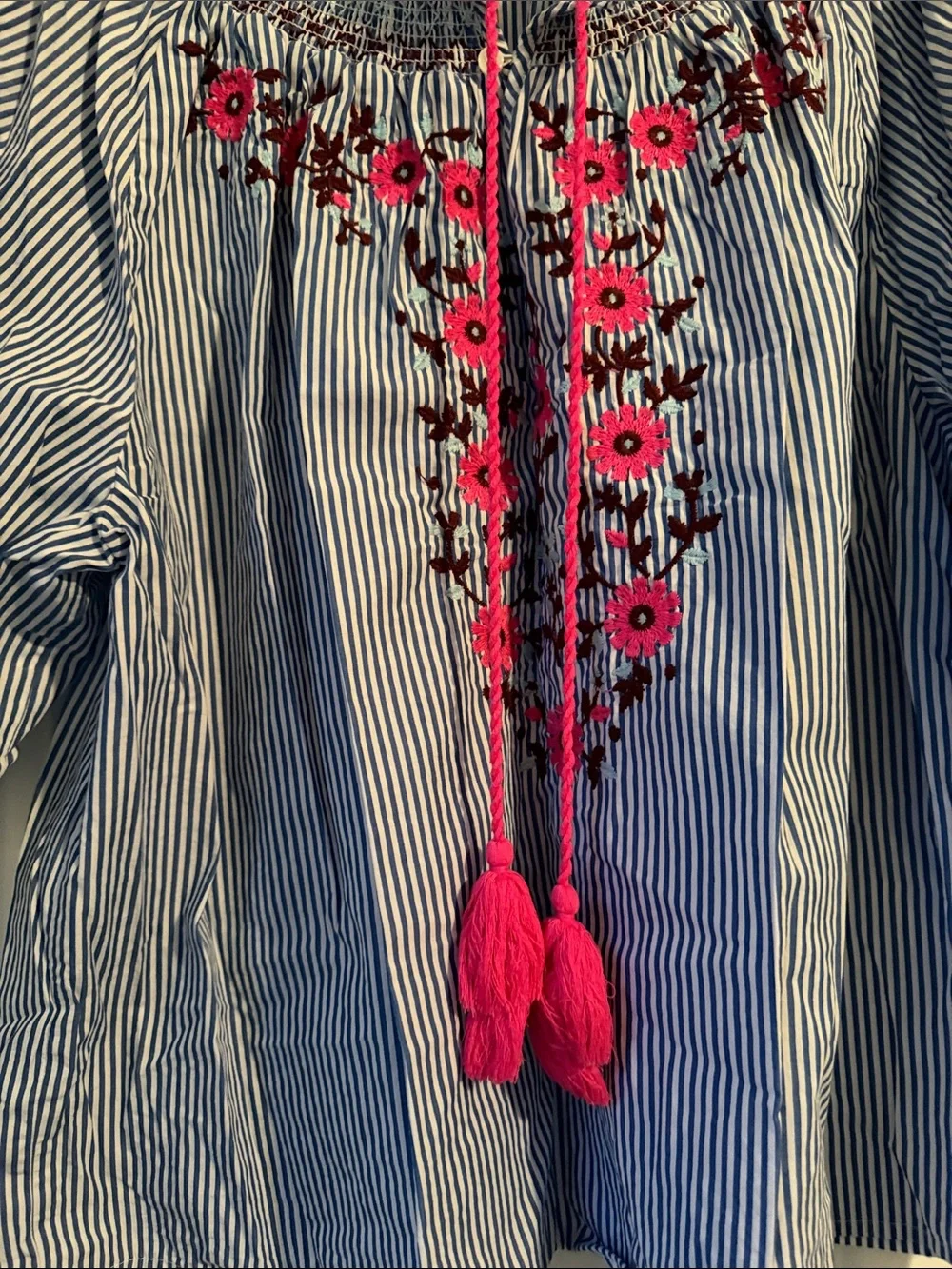 J. Crew Blue and White Striped Peasant Blouse with Pink Embroidery